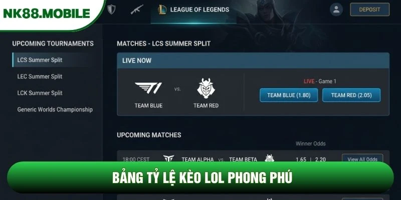 Bảng tỷ lệ kèo LOL phong phú